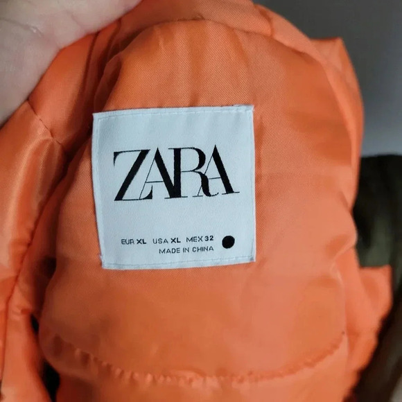 ZARA, New, Cropped Nylon Hooded Zip Front Army Green Khaki Puff Vest, Size XL - Picture 13 of 16